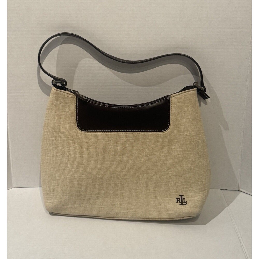 VTG 90s Lauren Ralph Lauren Cream Canvas  Hobo Shoulder Bag Brown Leather Strap